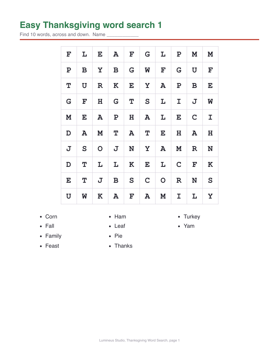 An easy 10 by 10 Thanksgiving word search with 10 words