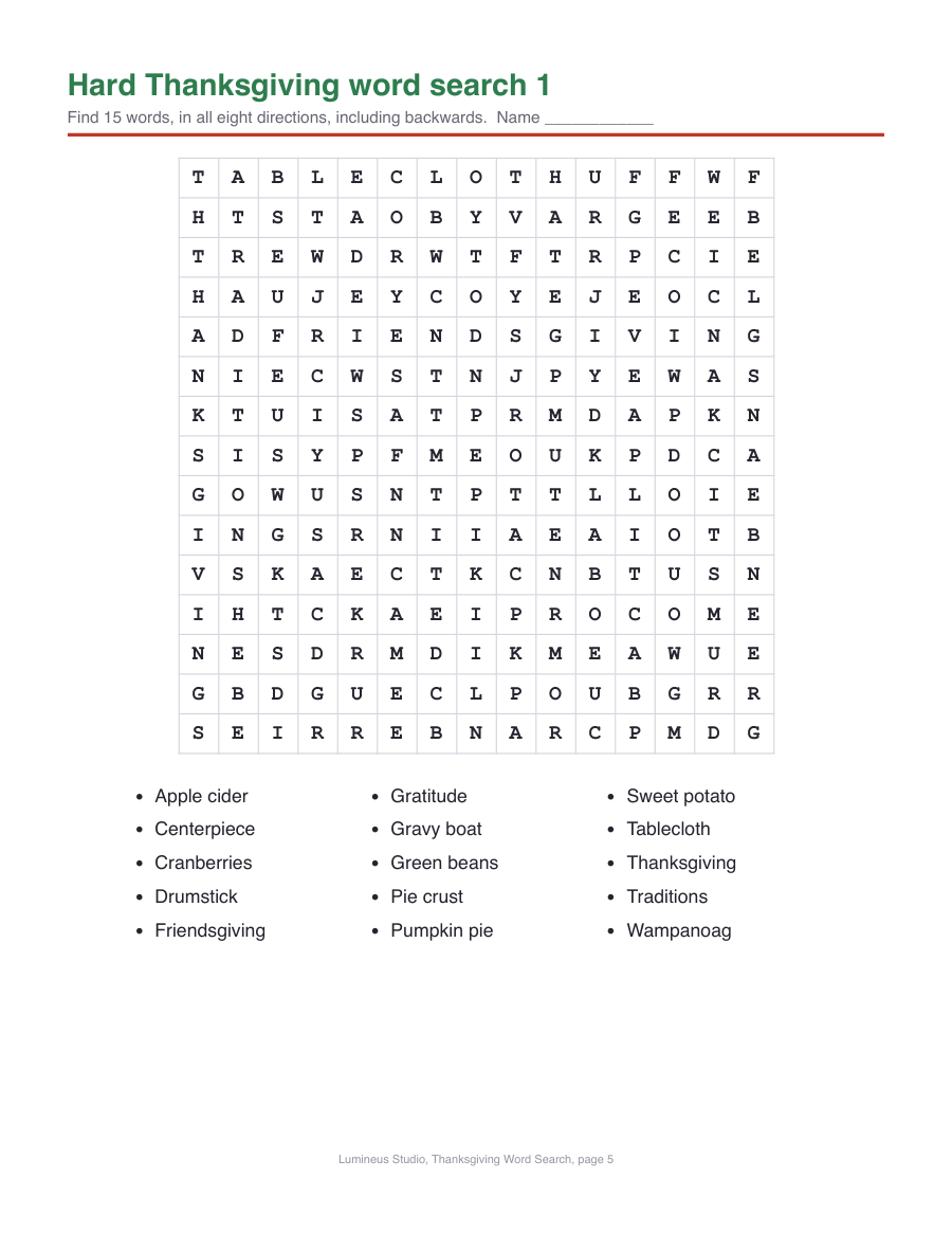 A hard 15 by 15 Thanksgiving word search with 15 words in all eight directions