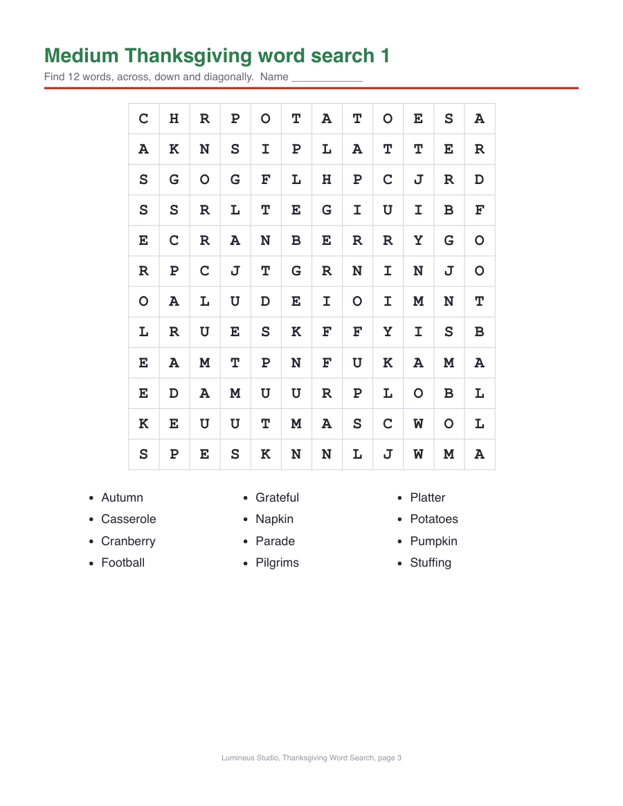 A medium 12 by 12 Thanksgiving word search with 12 words