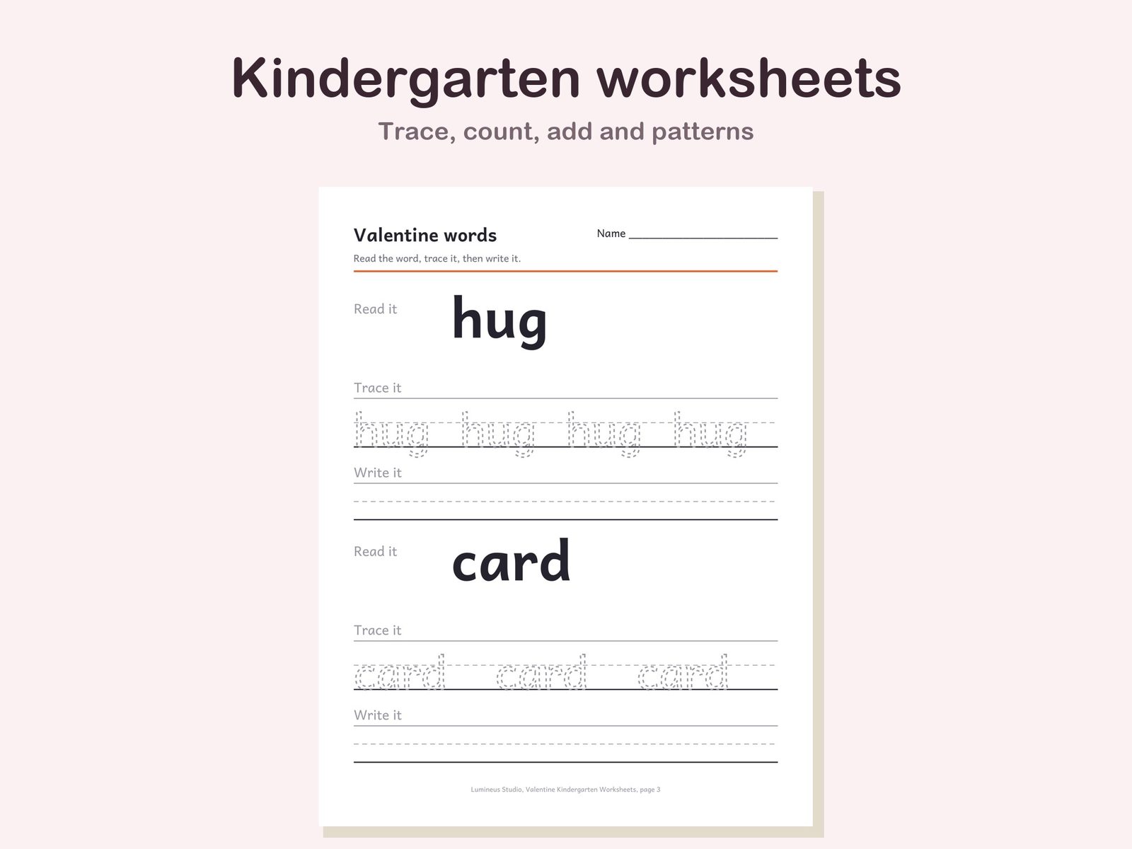 Valentine kindergarten worksheets: word tracing and counting