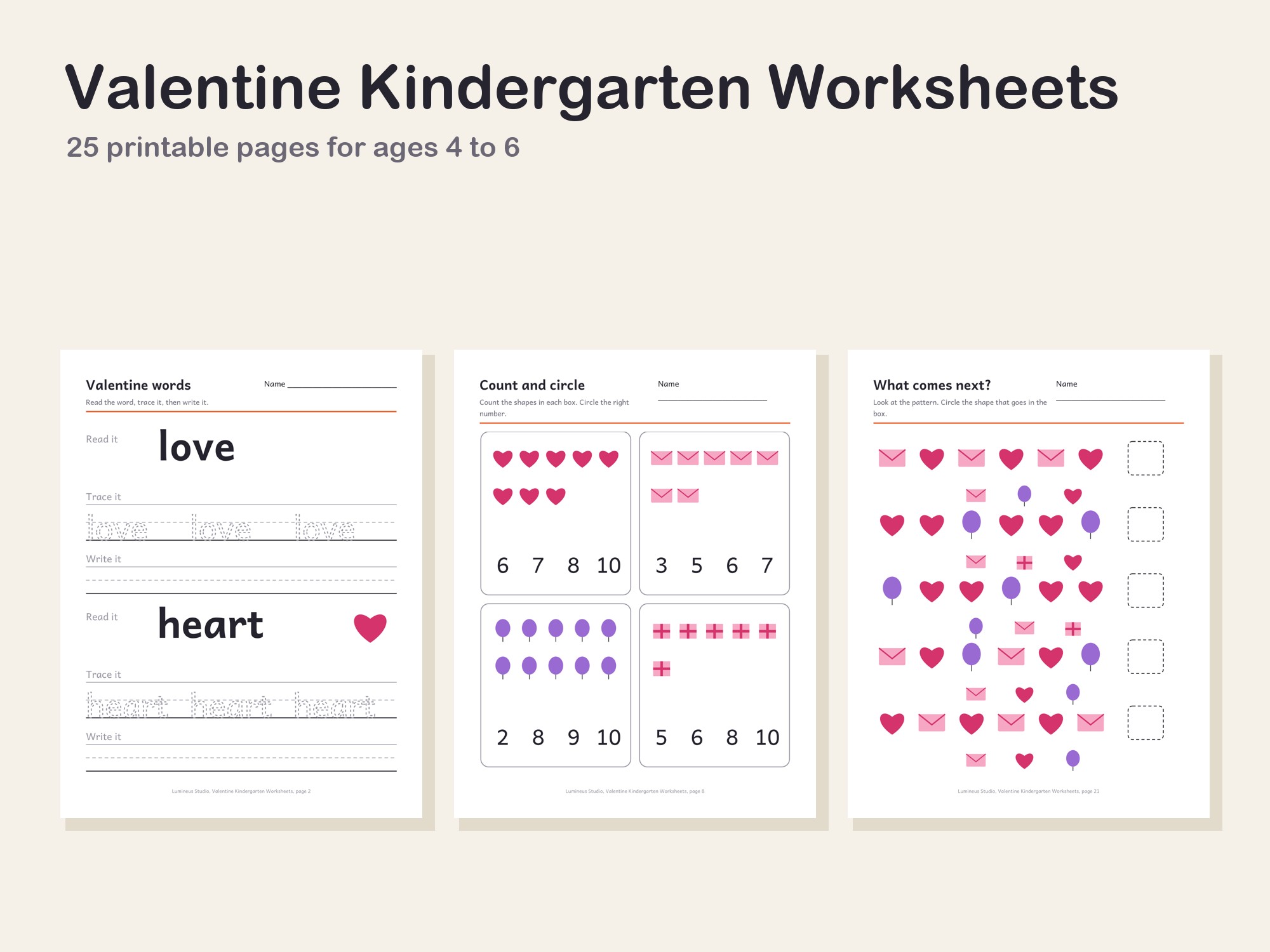 Valentine word tracing, counting and pattern worksheets