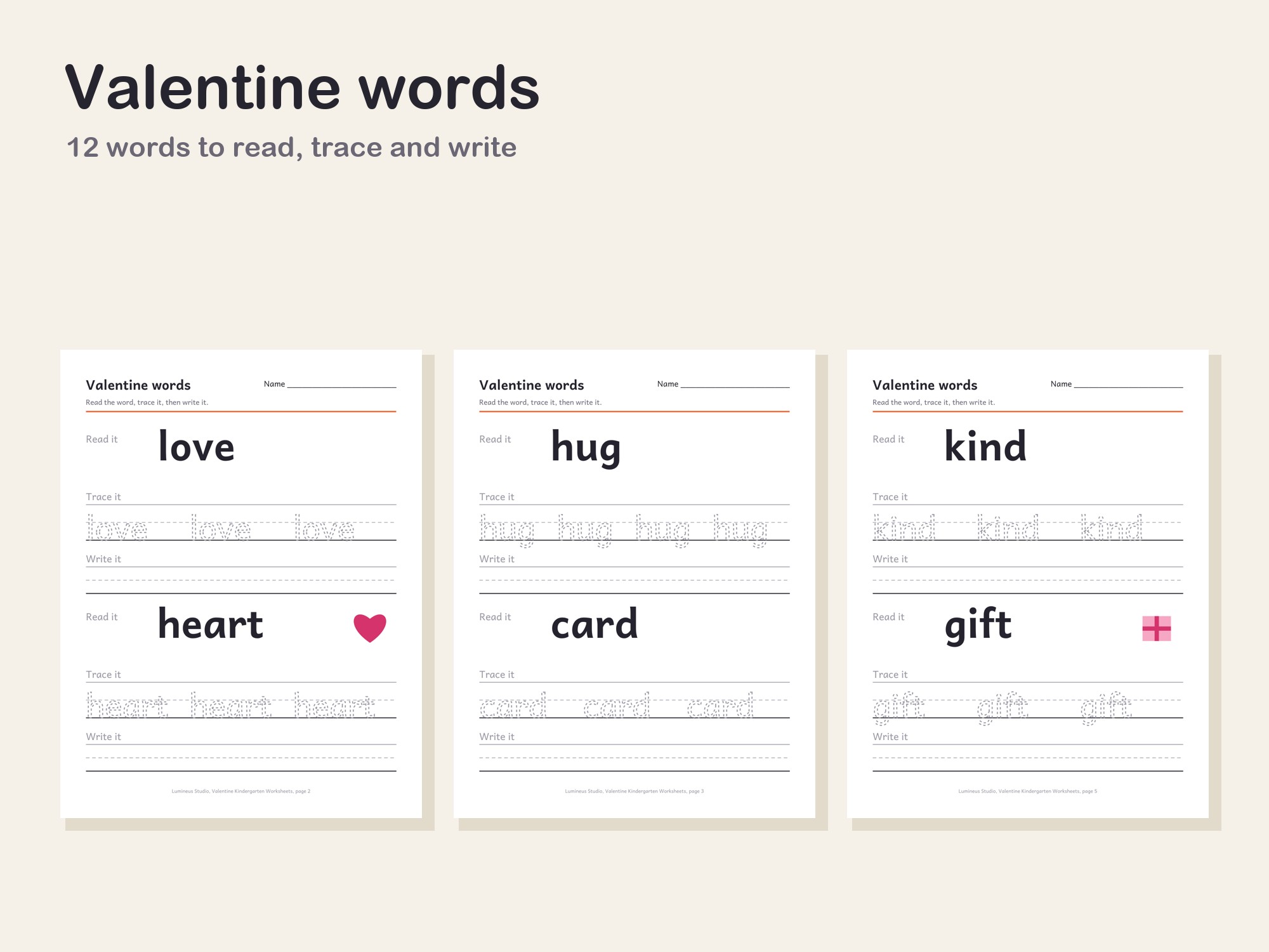 Valentine word tracing pages for love, heart, hug and card