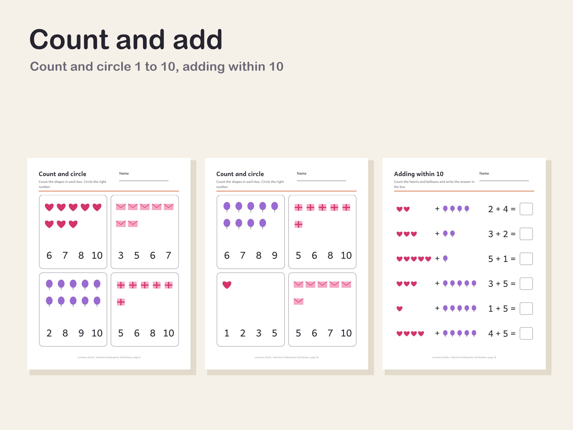 Count and circle and adding within 10 pages with hearts and balloons