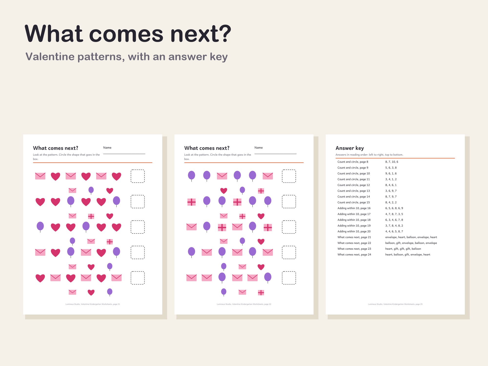 What comes next pattern pages and the answer key