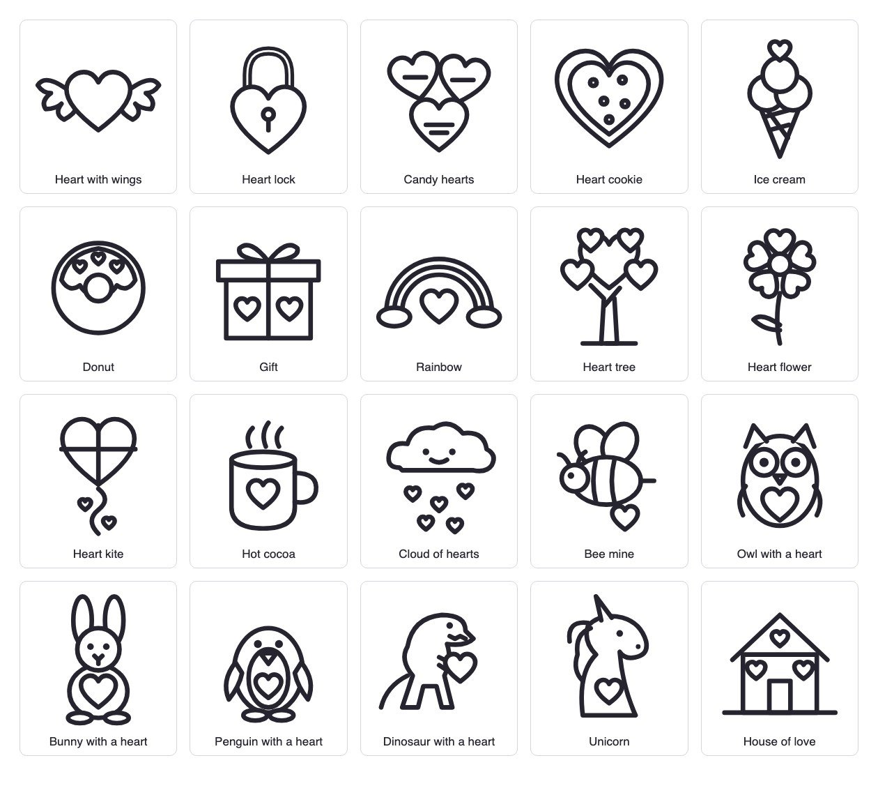 Valentine coloring pages: owl, bunny, penguin, unicorn, candy hearts, donut and more