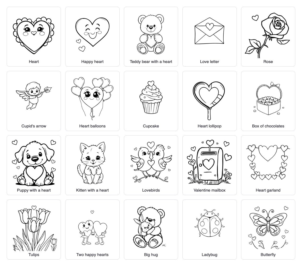 Valentine coloring pages: hearts, teddy bear, love letter, rose, cupcake and more