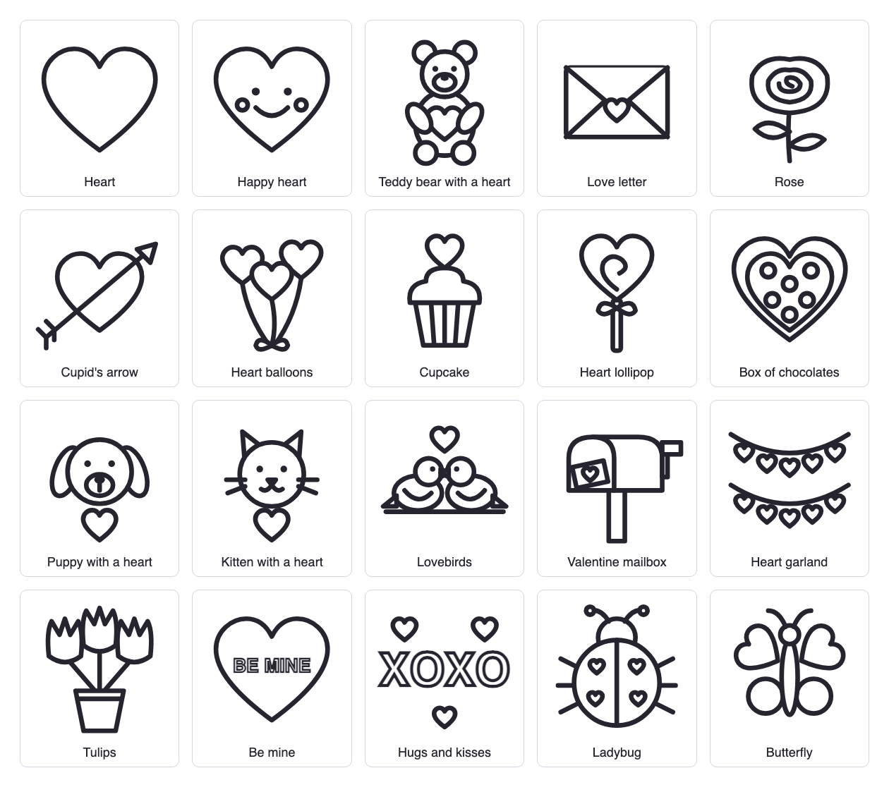 All 20 Valentine coloring pictures on one sheet