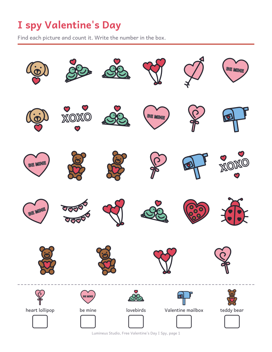 A Valentine's Day I spy page with hearts, teddy bears and lovebirds to find and count