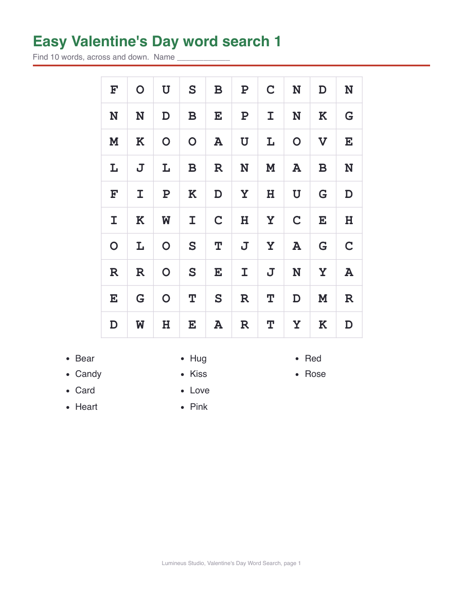 An easy 10 by 10 Valentine's Day word search with 10 words