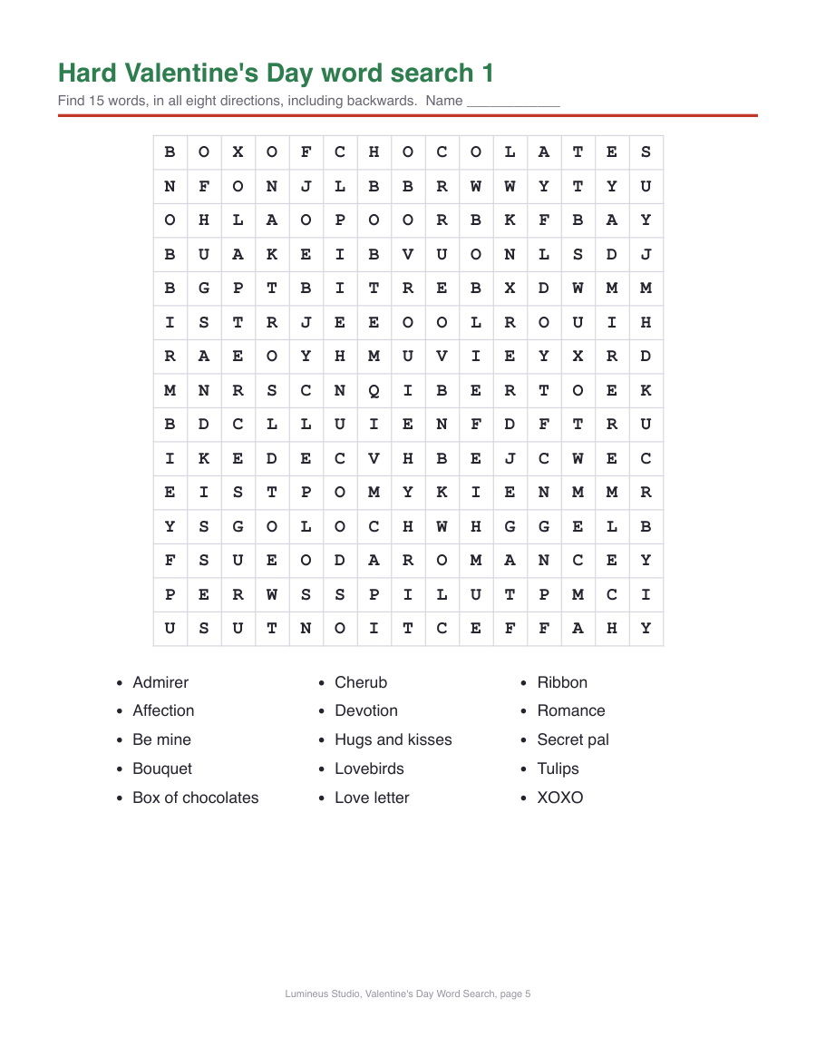 A hard 15 by 15 Valentine's Day word search with 15 words in all eight directions