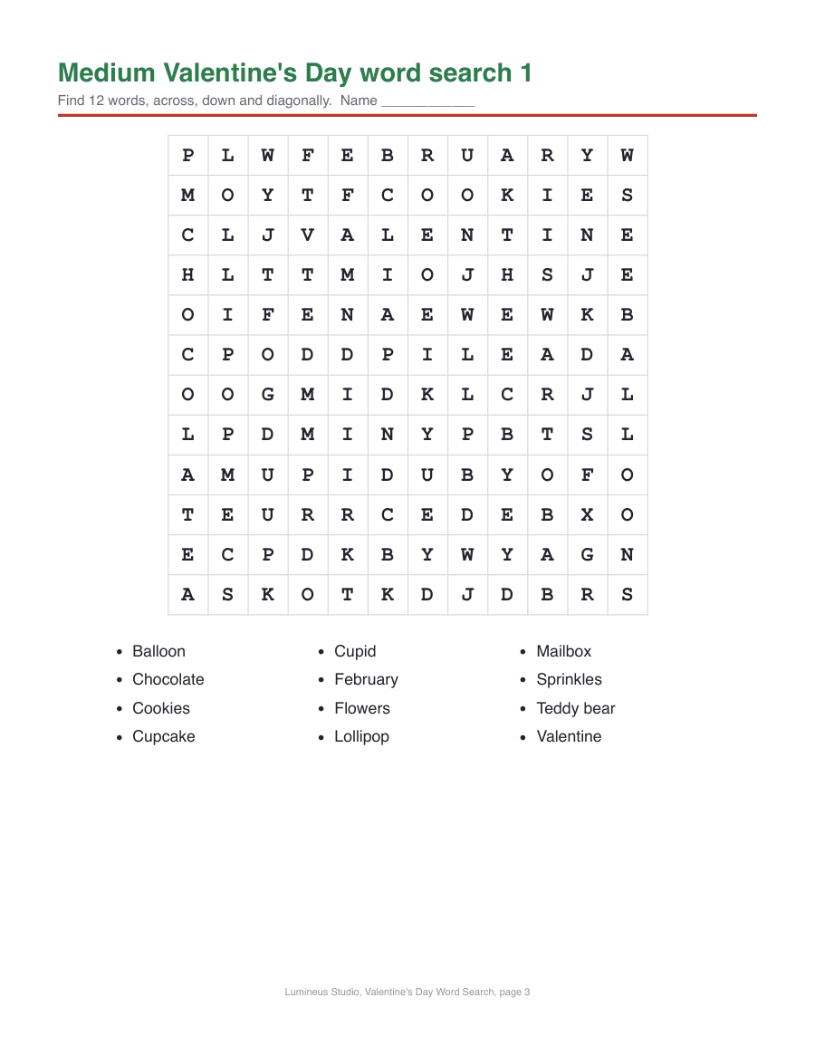 A medium 12 by 12 Valentine's Day word search with 12 words