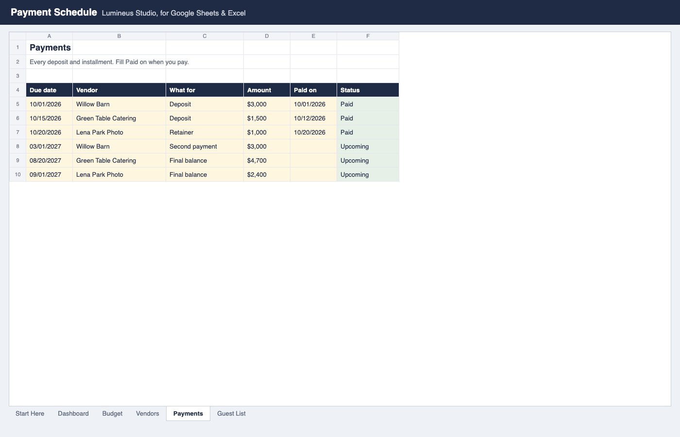 Payments tab with due dates and status